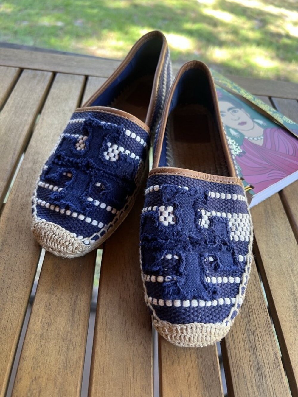 Tory Burch Shaw Logo Canvas Espadrilles Navy White Women’s US 6 - Picture 3 of 11